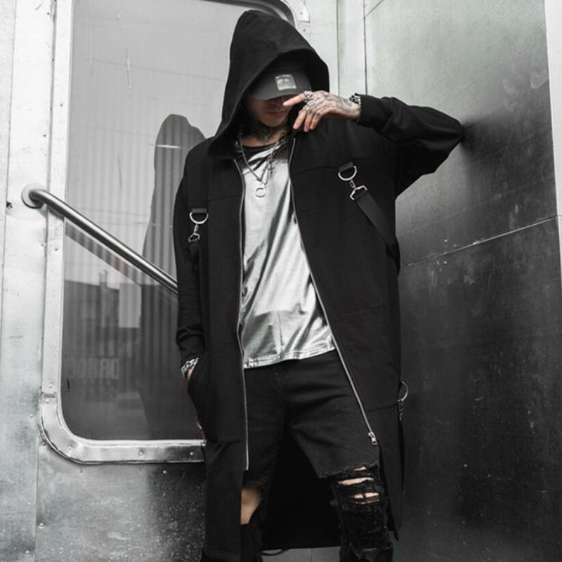 Men's Trench Coats Nightclub DJ singer punk rock hooded trench coat ribbons long jacket stage costume men vintage zipper cloak gothic style cape 