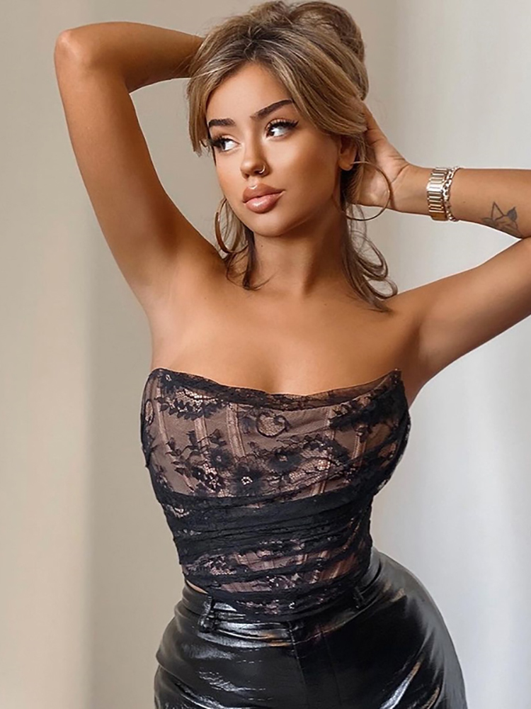 Asia Black Lace Bustier Tops Patchwork Strapless Lining Boning Zipper Bodycon Corset Crop Top Women Sexy Club Party Outfits 220325