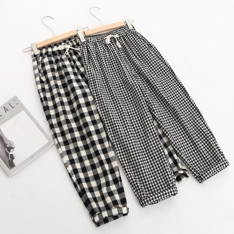 Spring Summer Plaid Pant's Harem s Drawstring Waist Large Size Casual Loose Cotton Linen Trouser 220325