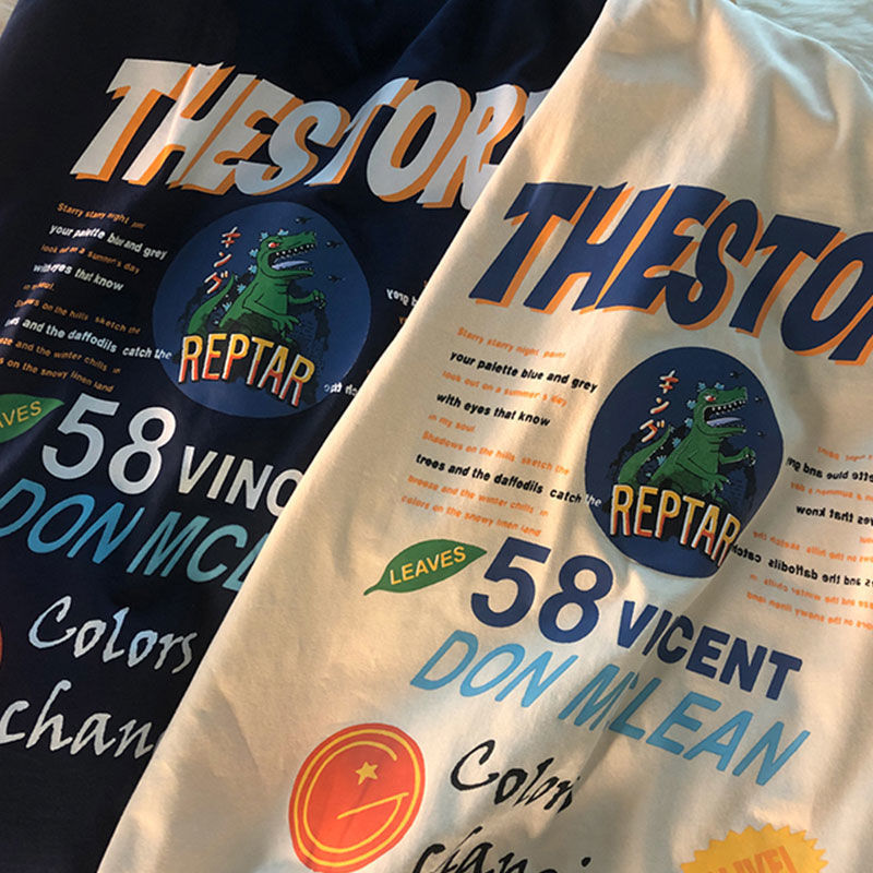 10JQK-American retro trend oversized Harajuku round neck T-shirt women dinosaur pure cotton loose wild short-sleeved men 220321