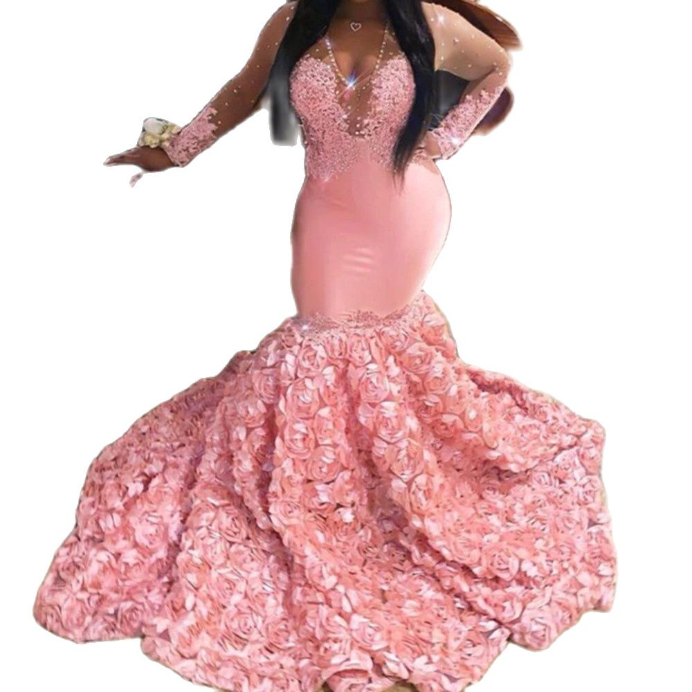 Pink Prom Dresses Meiamid for Womens V Neck Long Sleeves 3D Flowers African Women Formal Party Evening Gowns Plus Size