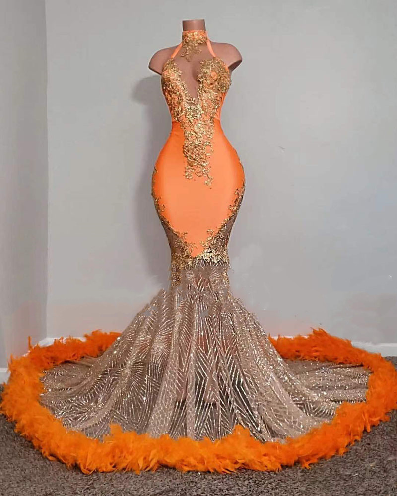 Sparkly Orange Mermaid Evening Dress High Neck Feather Beads lace sweep train Sexy arabic aso ebi prom engagement gown