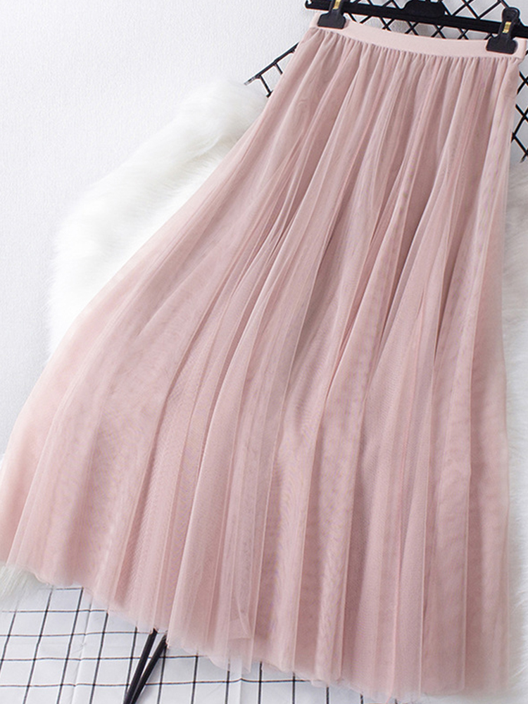 TIGENA Big Hem Long Tulle Skirt Women Korean Casual Simple Solid 3 Layers A Line High Waist Maxi Female Lady Purple 220317