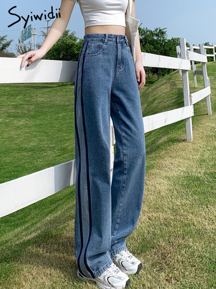 Syiwidii Side Stripe Jeans for Women High Waisted Y2k Fashion Vintage Streetwear Hit Color Blue Denim Cargo Pants Female 220815