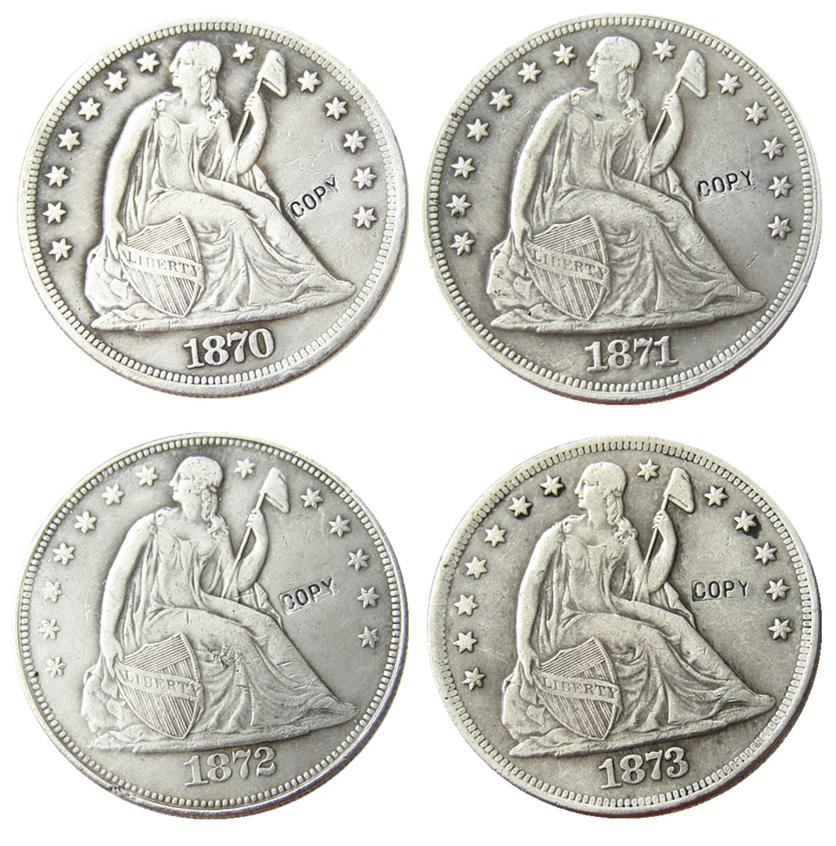 US 1870-1873-CC 4PCS Seated Liberty Dollar craft Silver Plated Copy Coins metal dies manufacturing factory Price
US 1870-1873-CC 4PCS Seated Liberty Dollar craft Silver Plated Copy Coins metal dies manufacturing factory Price