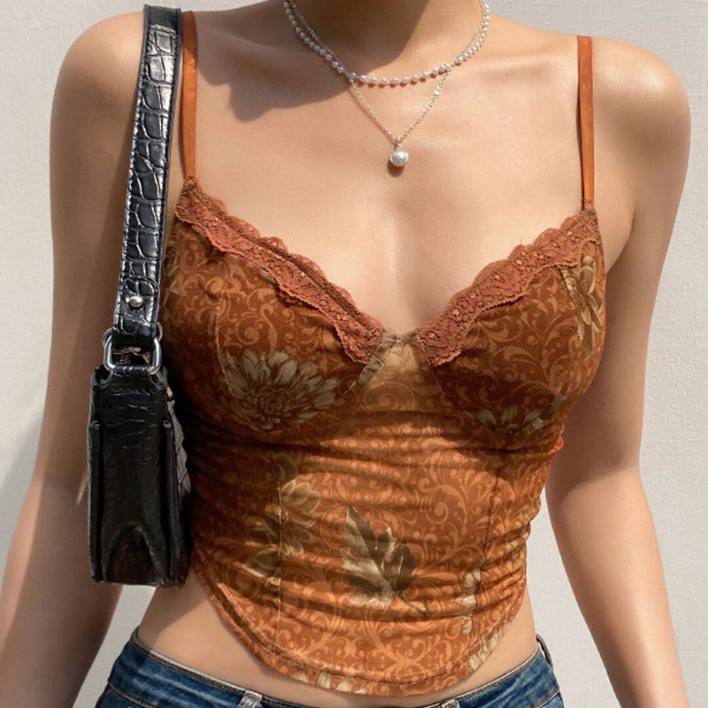 Fashion Y2K Women's Tank Lace Trim Paisley Pattern Corset Cami Tops Basic Female Clothing High Street Autumn Women Shirt 220316