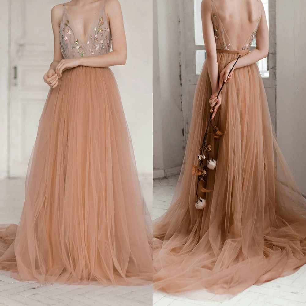 Nude Spaghetti Straps Boho Beach Wedding Dress 2022 Summer Fall Sexy Backless Long Tulle A Line Bridal Gowns Beaded Vintage Country Bride Dresses Cust