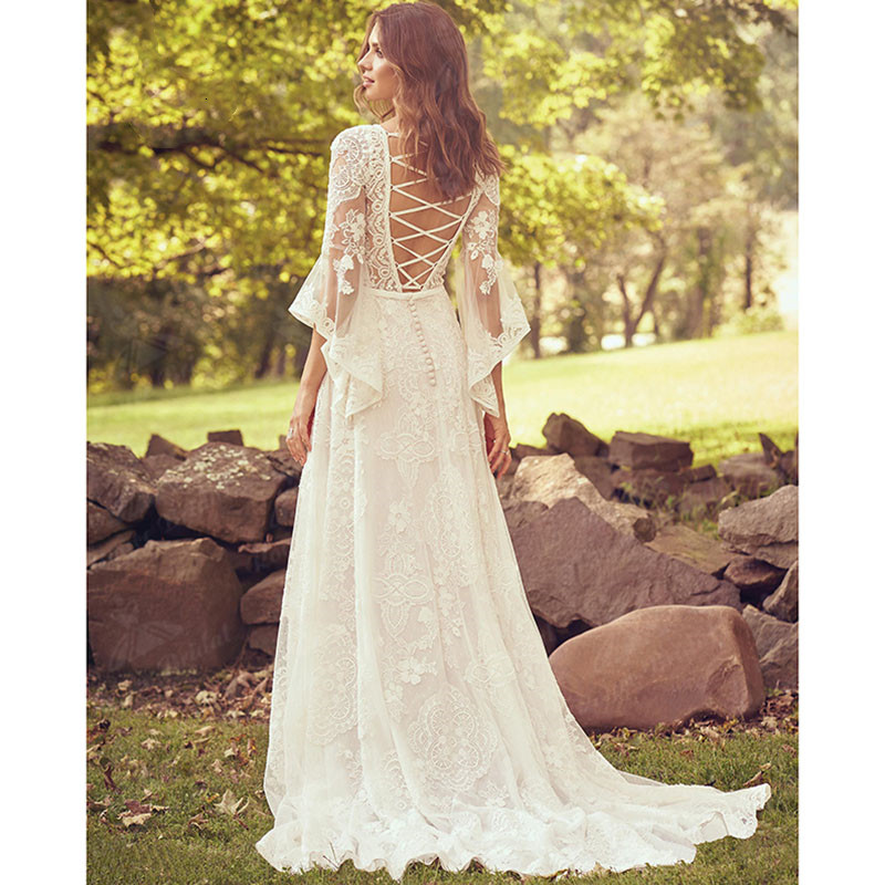 Beach Flare Sleeve Wedding Dresses Cross Strap Back Lace Bohemian Country Bridal Dress vestidos de novia Bohemios 2022