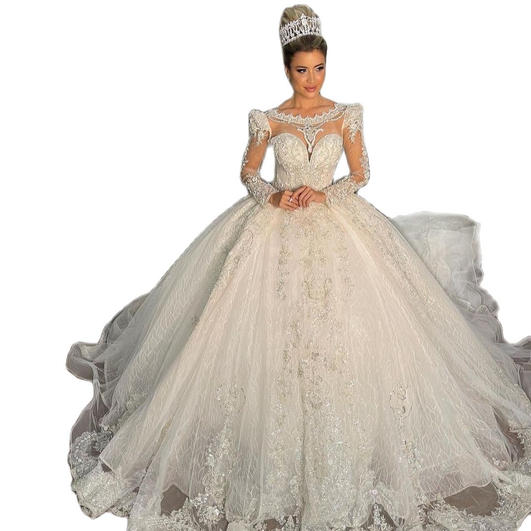 Ball Arab Princess Gown Wedding Dress Dubai Jewel Neck Long Sleeve Sequins Lace Appliques Beads Puffy Bridal Gowns S Lz0304