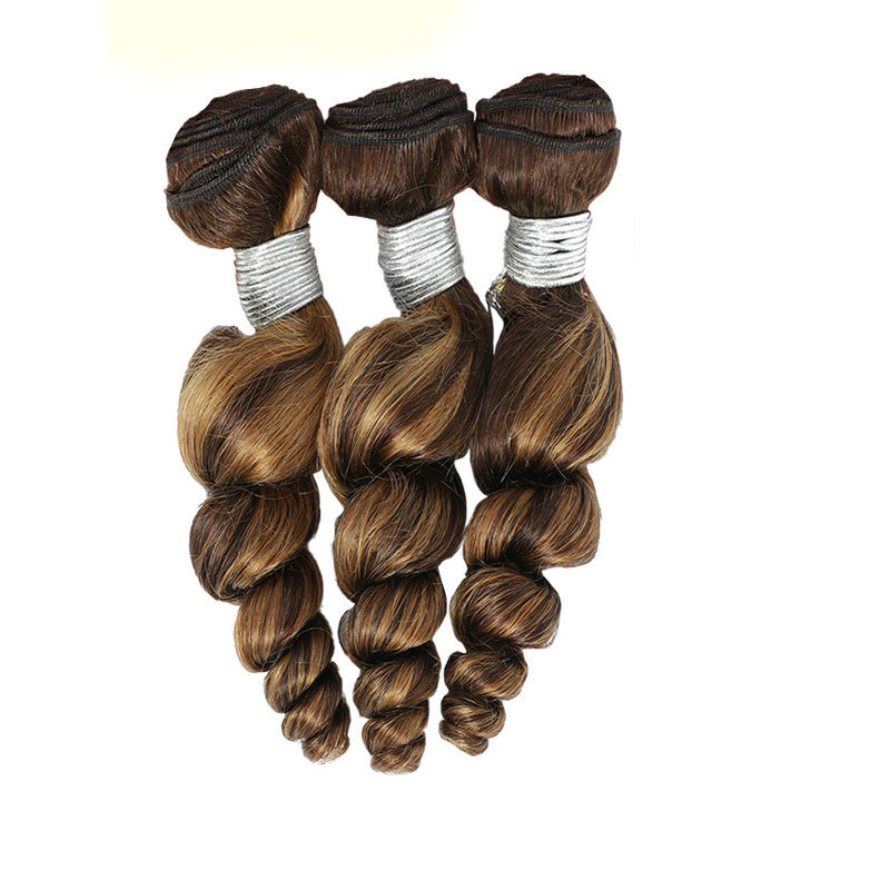 Brazilian Human Hair 3 Bundles Loose Wave, Deep Curly, Kinky Curly P4/27 Piano Color Double Weft 10-28 Inches dh910320090