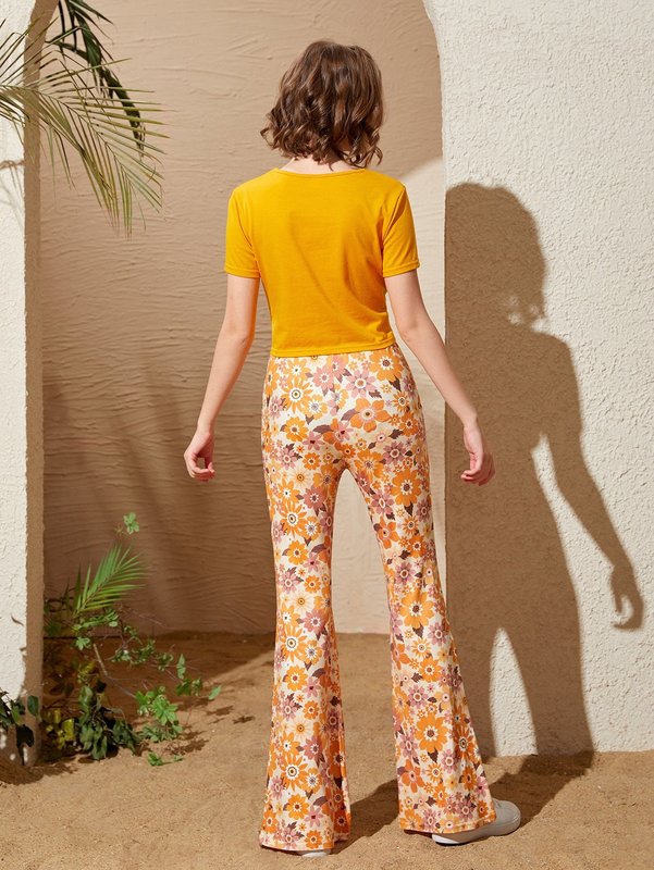 Teen Girls Twist Front Crop Top & Floral Print Pants Set SHE