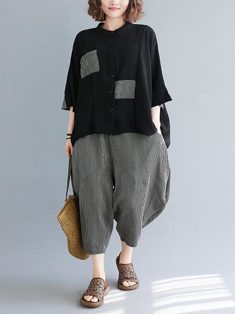 Women's Two Piece Pants Fashion Suit Summer Loose Two-piece Female Striped Panel Stand Collar Shirt Single-breasted Blouse Elastic Waist Wid, Black
Women's Two Piece Pants Fashion Suit Summer Loose Two-piece Female Striped Panel Stand Collar Shirt Single-breasted Blouse Elastic Waist Wid, Black