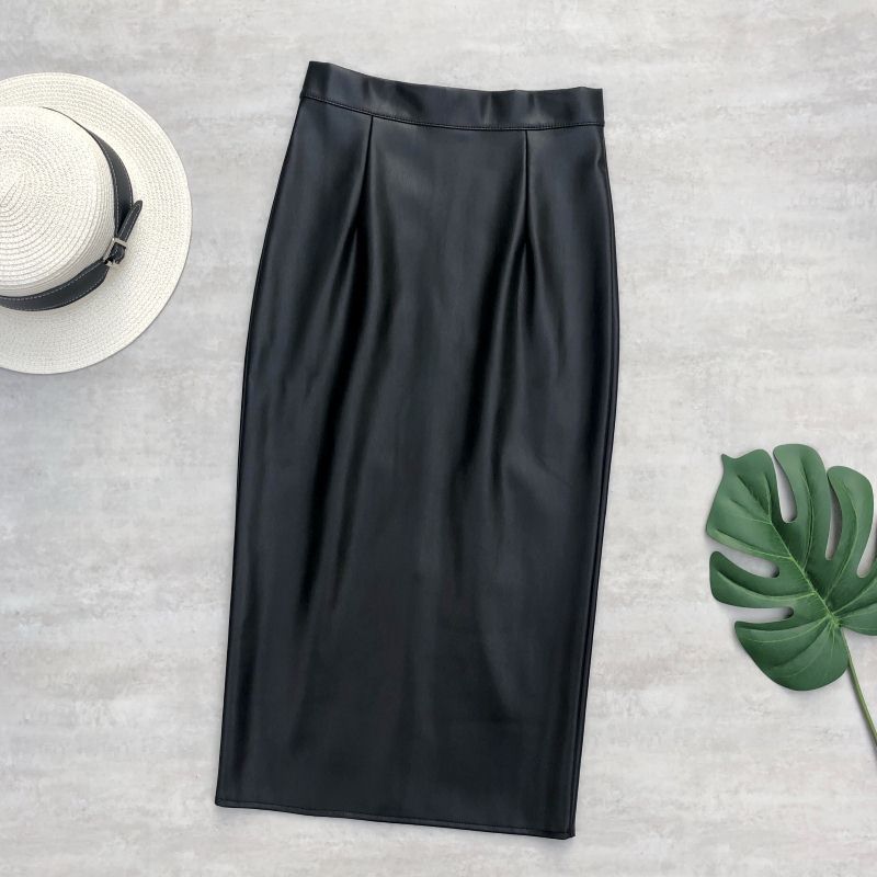 Neophil Vintage Zipper High Waist Latex Pencil Skirt Wrap Sexy Black PU Faux Leather Midi Split Skirt Bodycon Saia S21759 220322