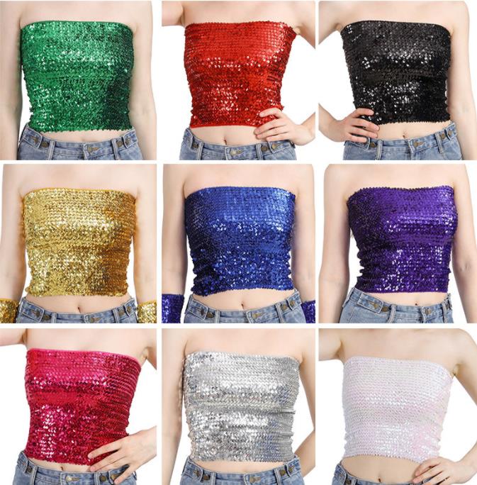Womens Stage Wear Sparkly Sequin Mermaid Crop Tops Strapless Metallic Stretch Tube Tops Sexy Bling Party Clubwear Costume Camisoles