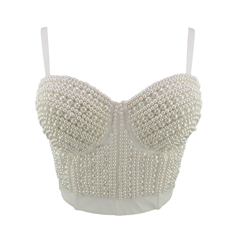 Sexy Pearls Cropped Tops Women Bustier White Tank Rave Festival Club Party Underwear Camis 220325
