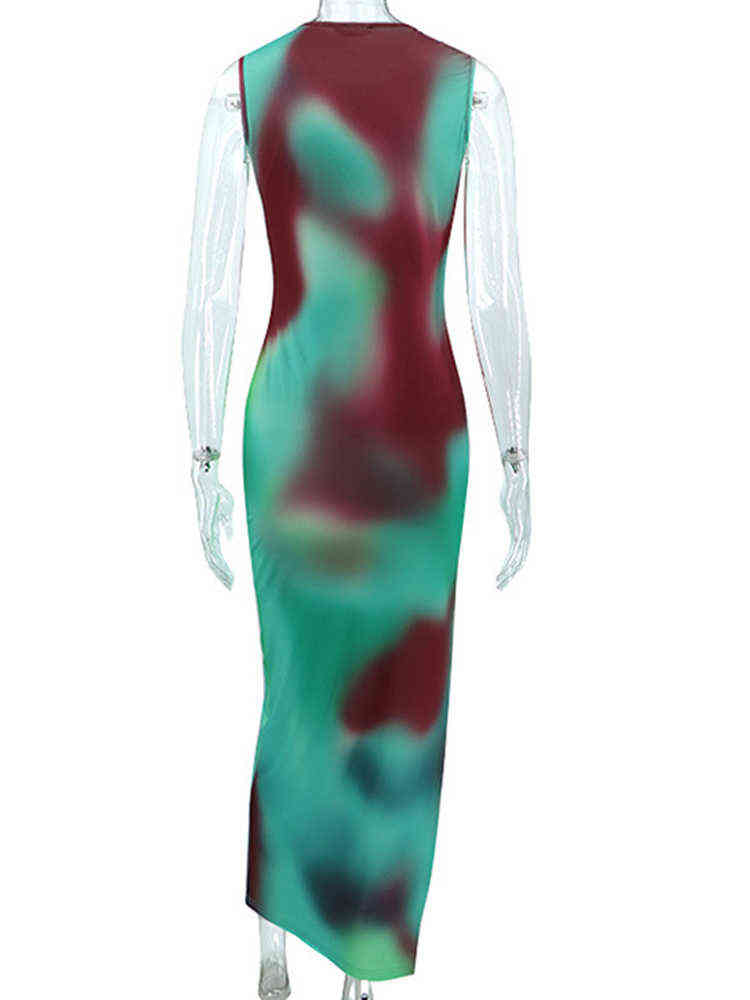 Women Elegant Slim Fit Print Sleeveless Dress Ladies Sexy Slit O Neck Dresses 2022 Female Summer Fashion Party Soft Robe T220816