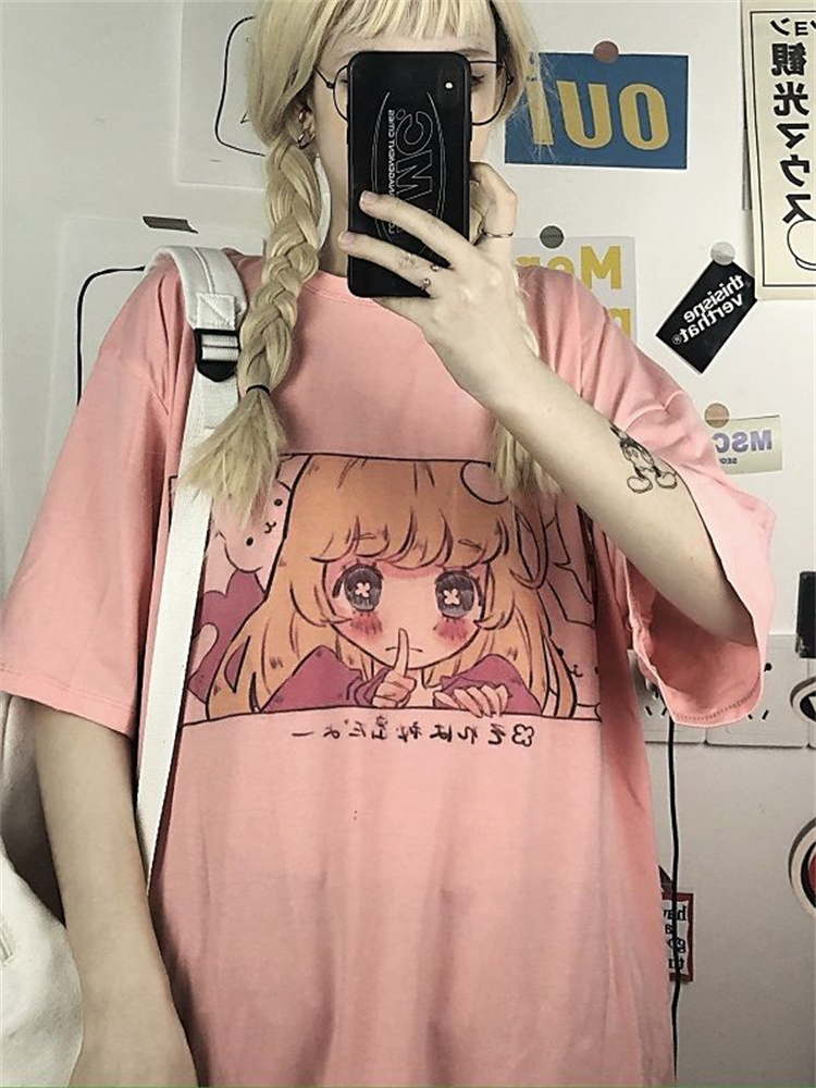 anime girl image print women tops tshirts Korean style t-shirts summer sweet fashion t shirts preppy couple clothes o-neck tee 220321