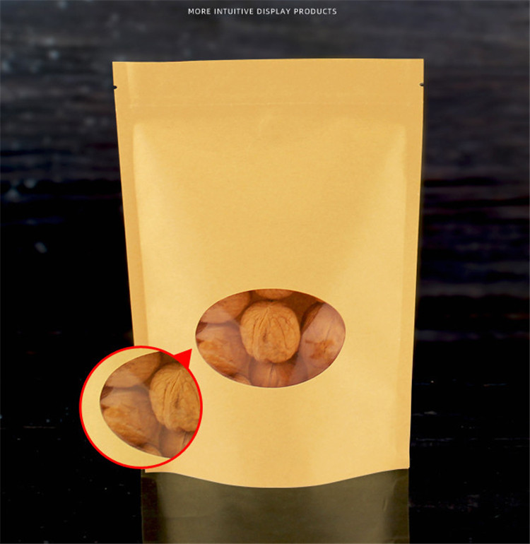 100pcs Thick Stand up Kraft Paper Clear Oval Window Zip Lock Bag Resealable Coffee Powder Snack Cereals Candy Bakery Sugar Gifts Packaging Storage Pou