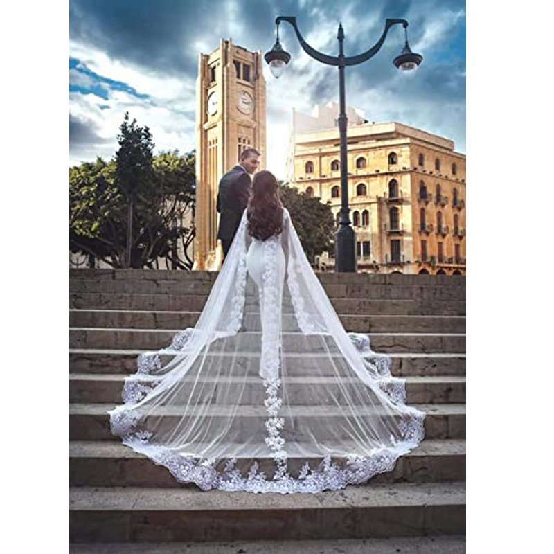 Women Veil Cape Tulle Lace Applique 3M 4M Wedding Capes Bridal Wraps Long Train Shawls Cloak