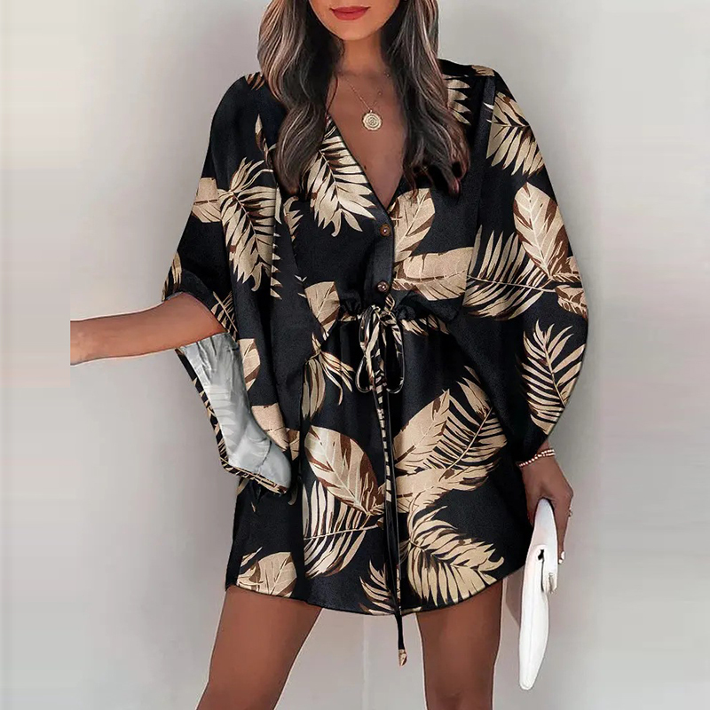 Summer Fashion Printed Sexy V Neck Buttons Drawstring Party Dress Ladies Casual Bat Sleeve Mini Women Elegant es 220629