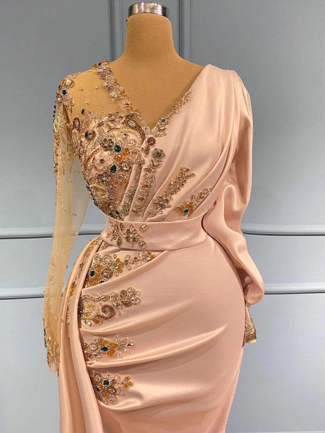 Arabic V Neck Satin Long Sleeves Mermaid Evening Dresses Sheer Tulle Beaded Rhinestones Ruched Sweep Train Prom Gowns Bc10607