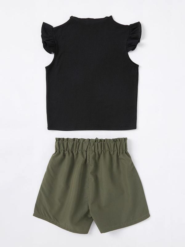 Girls Ruffle Sleeve Top & Paperbag Waist Tie Front Shorts SHE