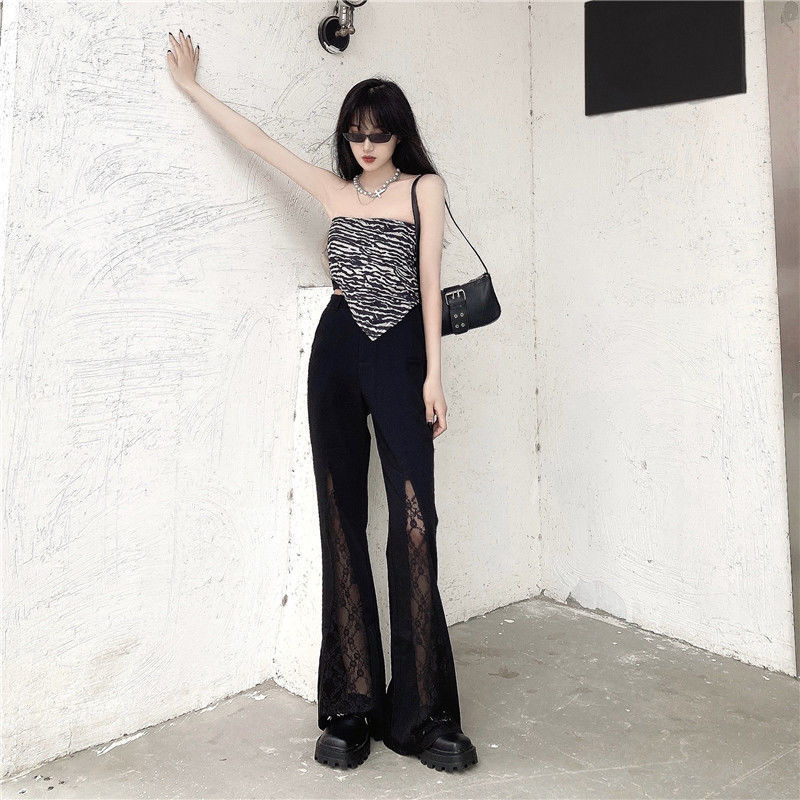 Black Lace Gothic Flare Pant Plus Size Vintage Fairy Grunge Punk Harajuku Trousers Y2k Dark Aesthetic Emo Alt Clothes 220325