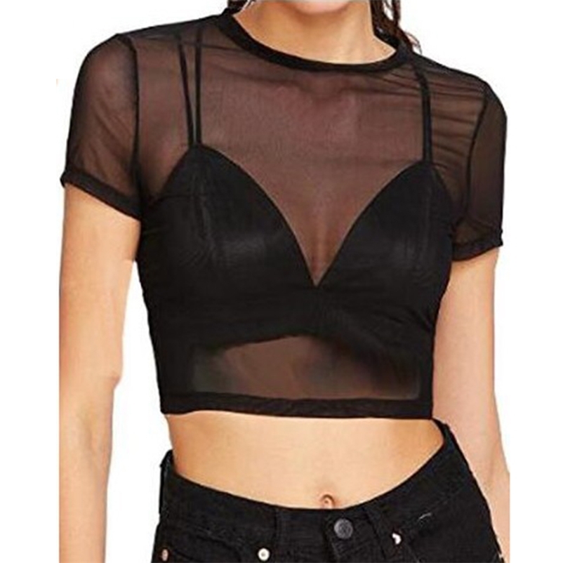 Sexy Black Women Short Sleeve Sheer Mesh Top T Shirts Streetwear Tees Slim See-through Transparent Crop Tops Club wear Fashion 220516