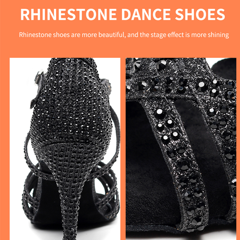 Women Dance Shoes Latin Woman Ballroom Latino Dancing Wedding Party Sandals Black Rhinestion Bachata Salsa Dance-shoes 220509