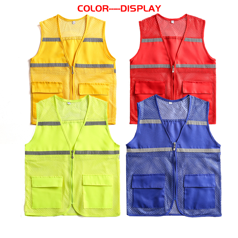 Summer Custom Visibility Reflective Safety Vest Work Uniform Mesh Solid Color Top Strips Construction Multi pocket Coat 220722