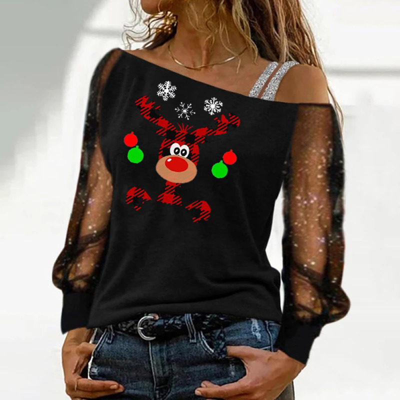 Womens Blouses Sexy Lace Long Sleeves Skew Collar Off Shoulder Patchwork Tee Tops Casual Print Blouses Christmas Clothes 220407