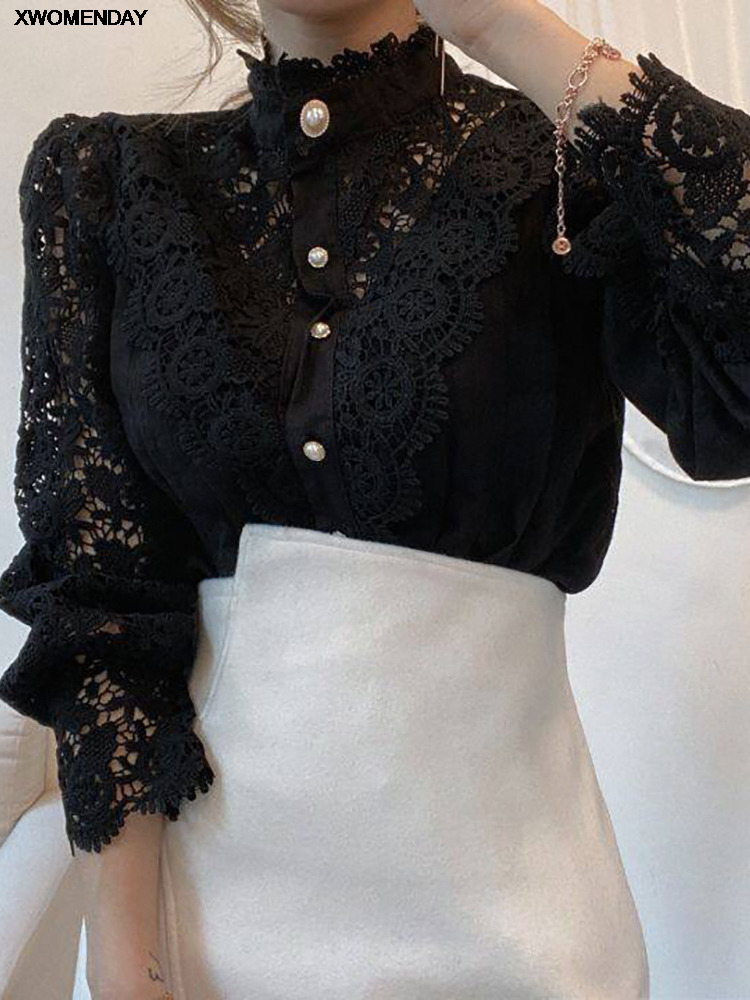 Women Chiffon Button Turtleneck Shirt Chic Elegant Floral Lace Fluffy Long Sleeve Top Fashion Hollow Oversize White Blouse 220407