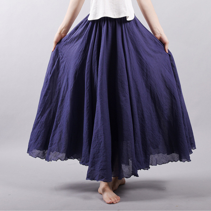 Women Linen Cotton Long Skirts Elastic Waist Pleated Maxi Beach Boho Vintage Summer Faldas Saia 220322