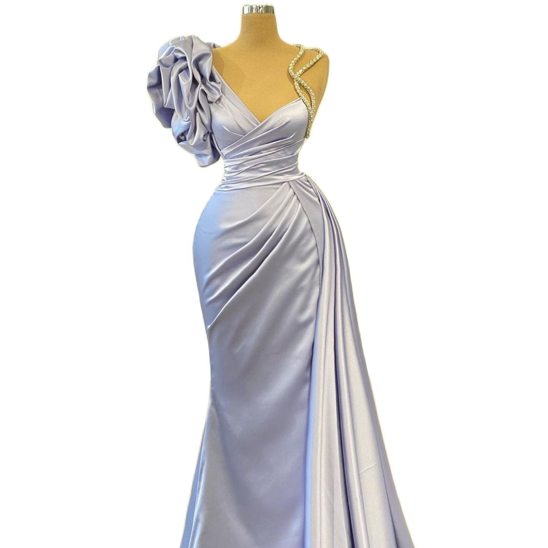 New Designer Flower Prom Dresses Ruffles Puffy Shoulder Crystals Straps Mermaid Satin Long Evening Dressing Gowns