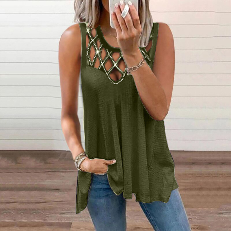 Fashion Women Summer Vest T-Shirt Loose Sleeveless Solid Color Hollow Out Drilling Tank Tops Plus Size 220316