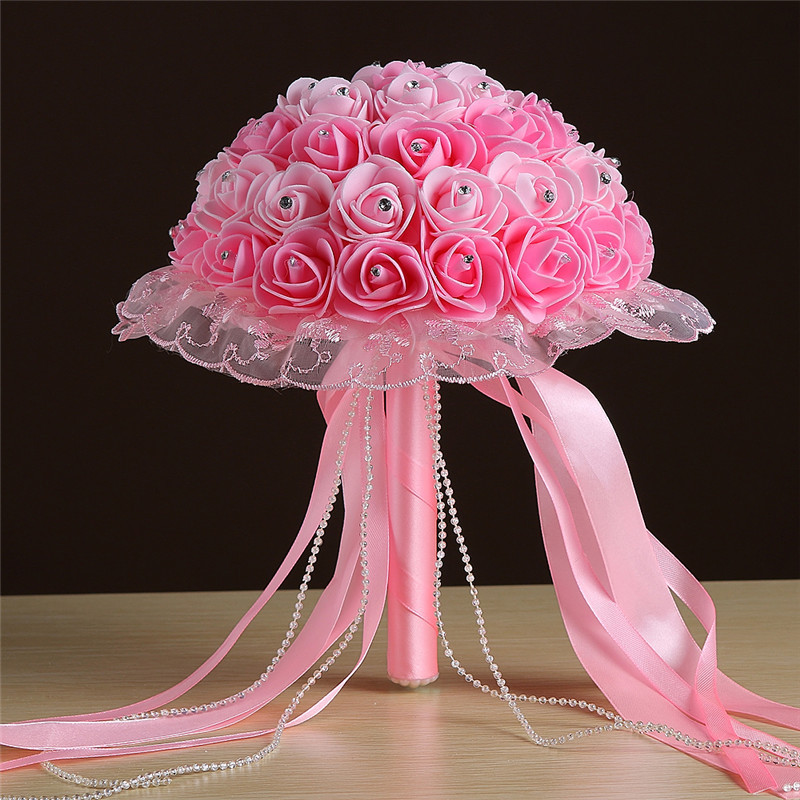 Bridal Wedding Ribbon Beaded Holding Flower Foam Simulation Flower White Rose Bouquet Multicolor