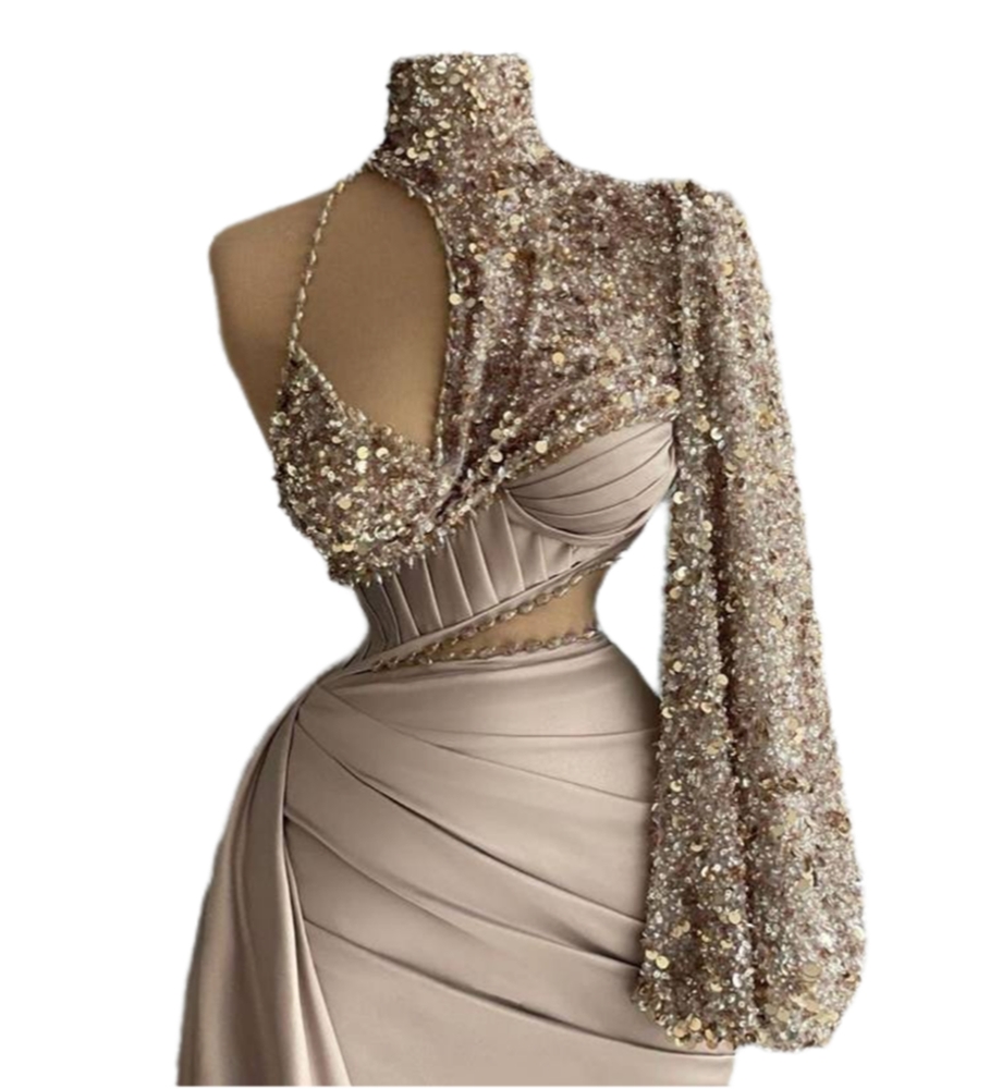 Sexy Prom Dresses Sequins Beads High Neck One Shoulder Custom Made Formal Dubai Evening Dress Sweep Plus Size Special Occasion Vestido De Noite