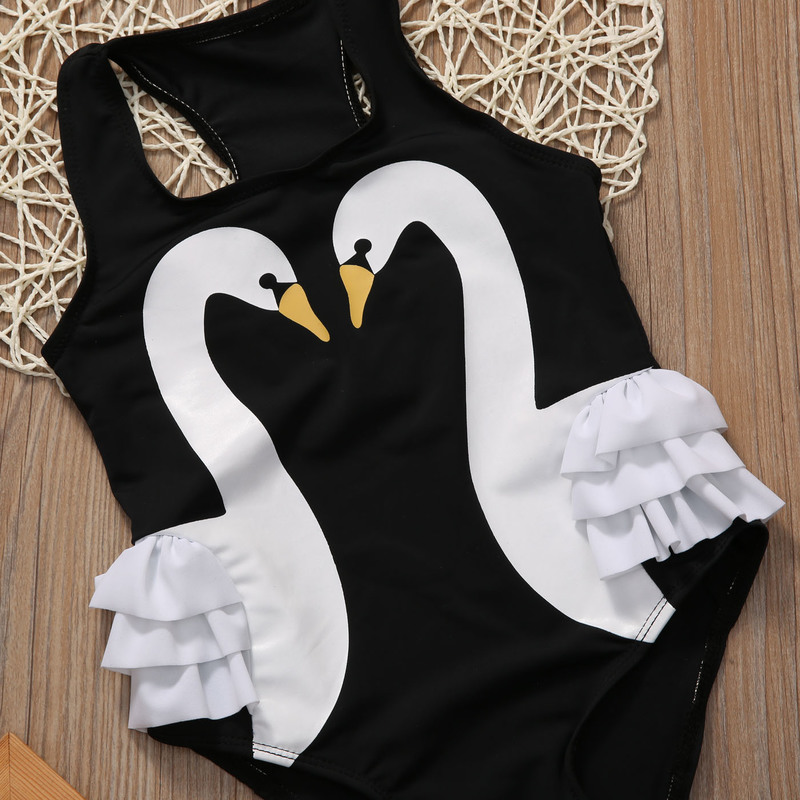 2 7Y Kids Girls Swimwear Baby Bikini Summer Swan Print Ruffle Swimsuits Children Bathing Suits Beachwear 220530