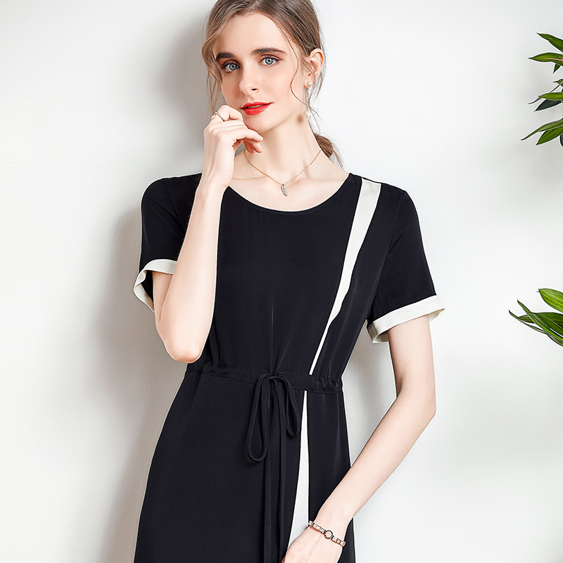 92.3% Heavy Silk 7.7% Spandex Women's Dress O Neck Short Sleeves Lace Up Color Block Elegant Fashion Runway Dresses