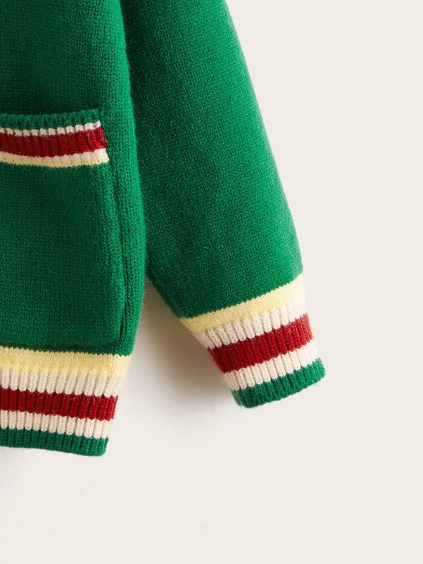 Toddler Boys Striped & Cattle Pattern Double Pocket Drop Shoulder Cardigan SHE