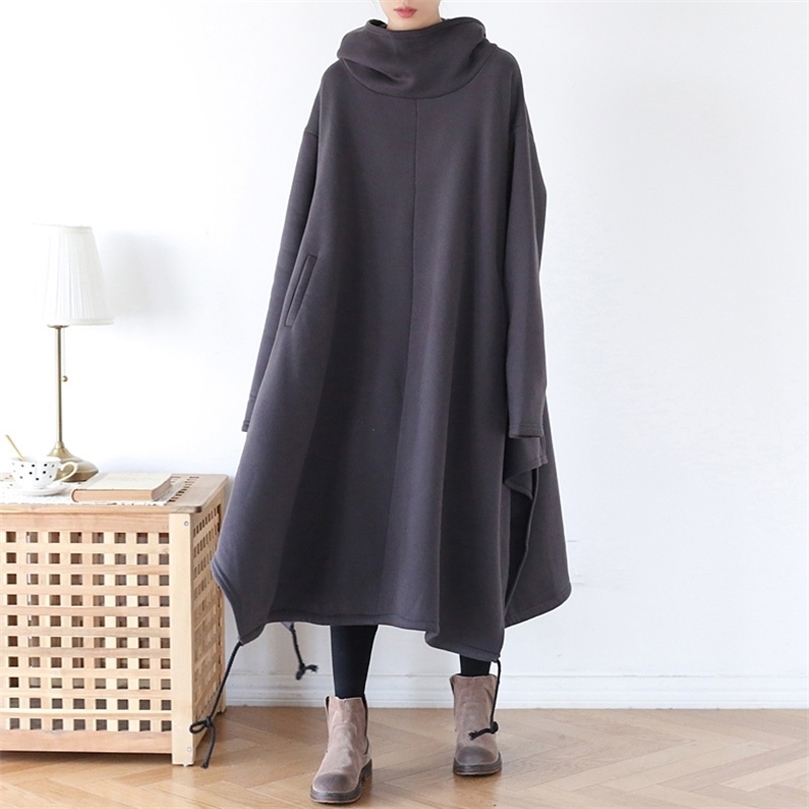 Johnature Women Gray Pullover Hooded Sweatshirts Warm Cloak Autumn Plus Size Women Clothes Terry Vintage Long Hoodies 201203