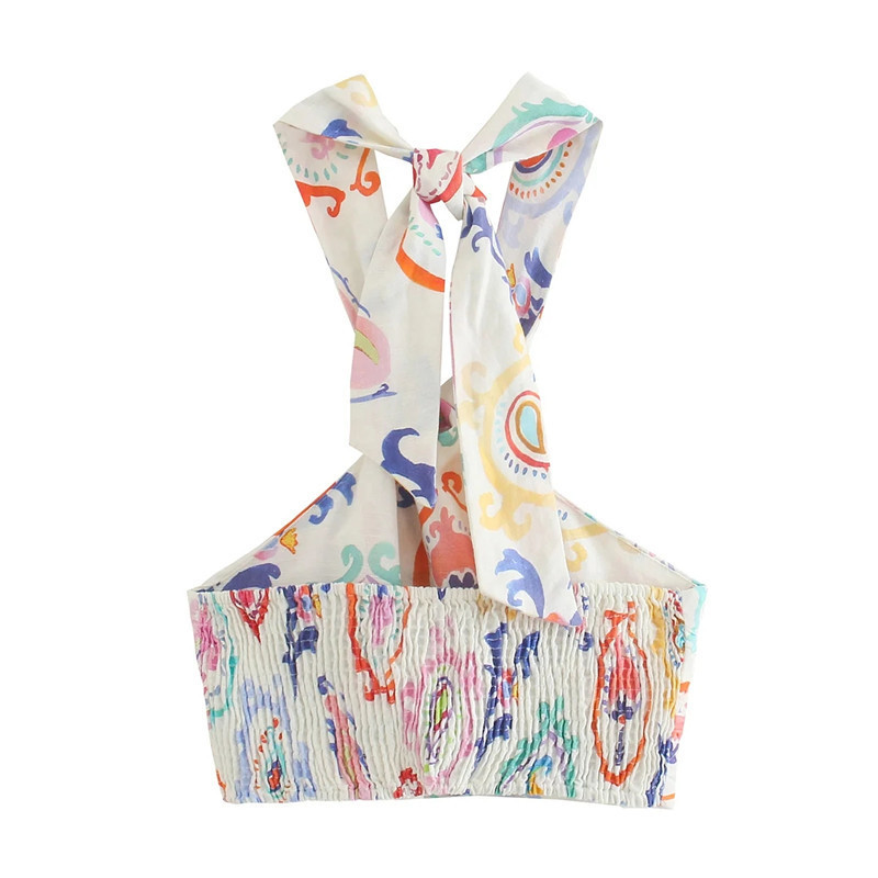 TRAF Halter Top Women Print Crop Female White Ruched Knot Strappy Camisole Summer Sleeveless Sexy Backless Tank s 220316