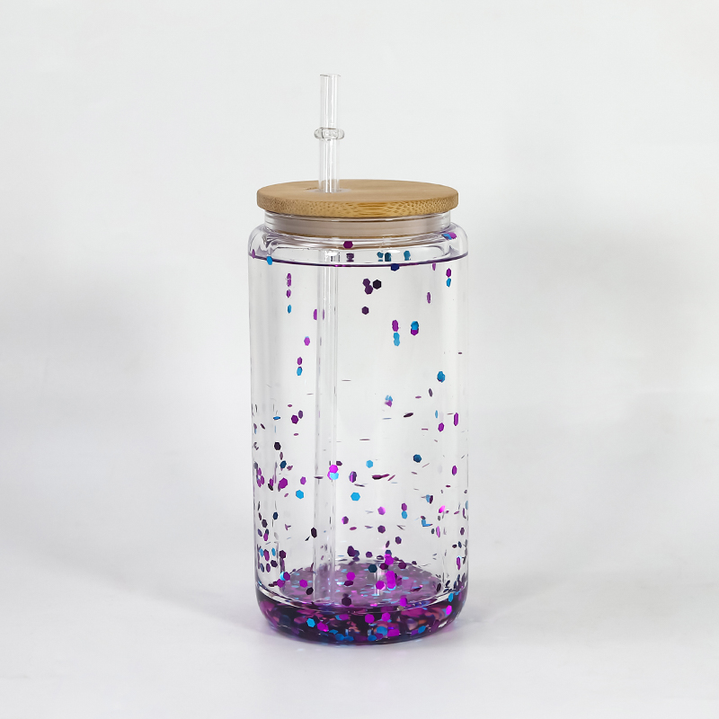 16oz double walled snow globe glass tumblers with bamboo lid short sublimation can cooler glasses cola beer cans fill glitter blingbling