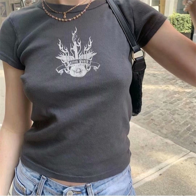 PUWD Y2K Cute Girl Black Streetwear Tops Fashion Ladies O Neck Cotton Short Sleeve top Summer Vintage Women Slim T-Shirt 220328