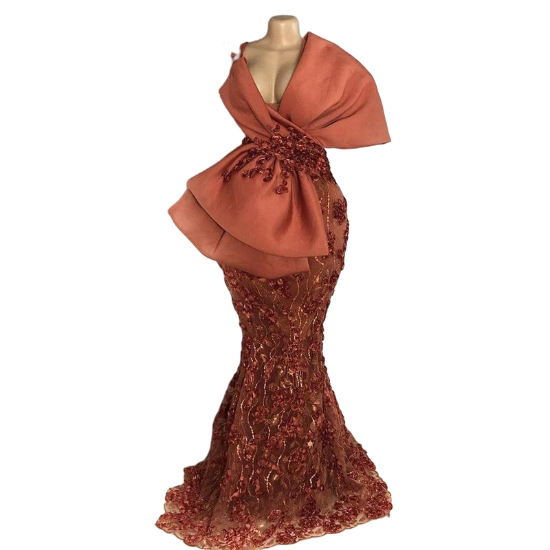 Sexy African Mermaid Evening Dresses Chic Lace Appliques Sequined Big Bow brown red Prom Dress Long Deep V Neck Plus Size