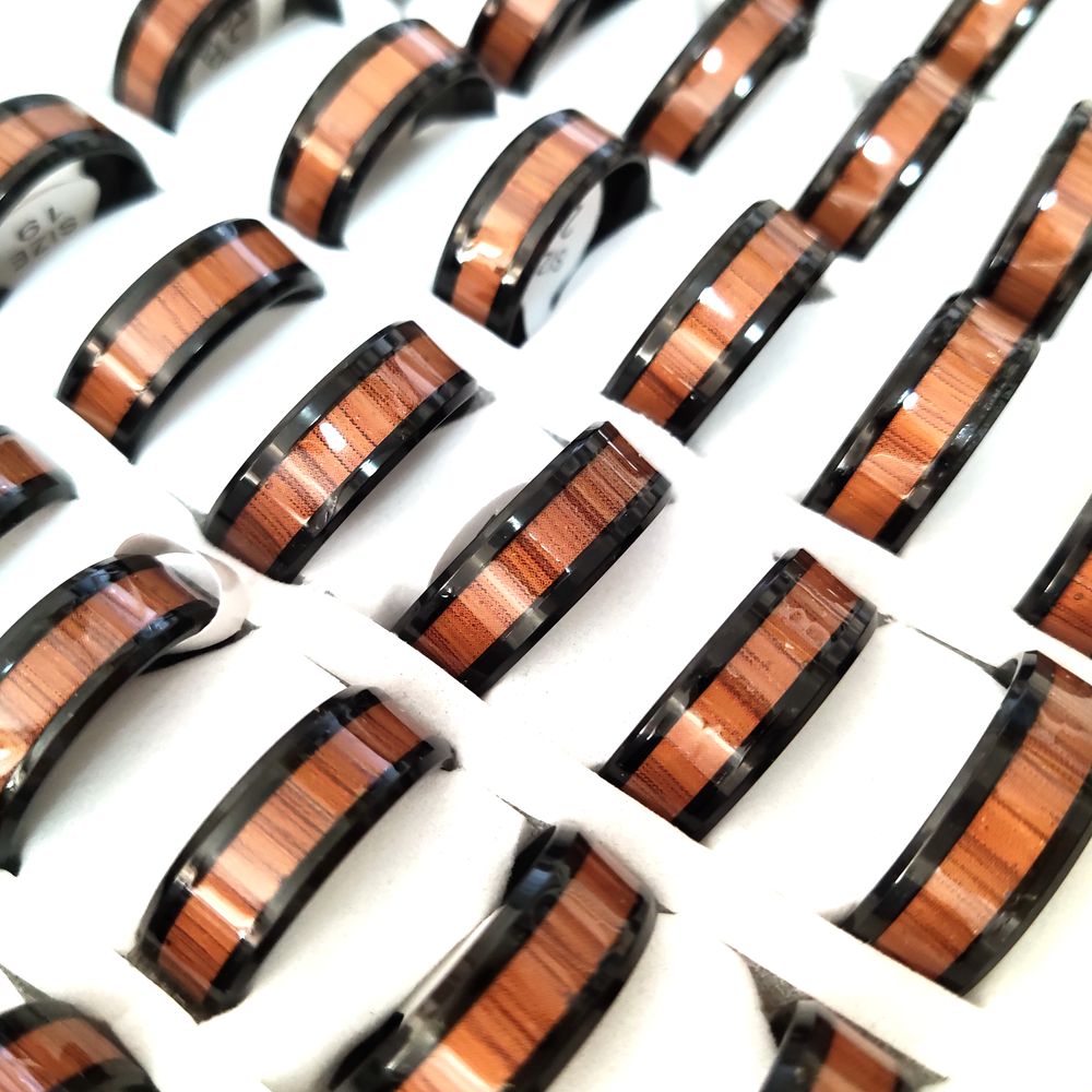 Bulk lots 50pcs Unique Silver Black Ring 8mm Comfort-fit Wood Grain Inlay Stainless Steel Ring
