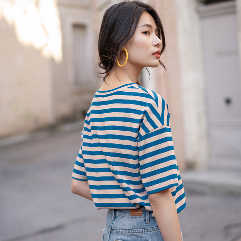 INMAN Summer Womens Tshirt Short Sleeve Woman Clothes Versatile Stripe Printing Top Women Round Collar Fashion Woman Blouse 220527