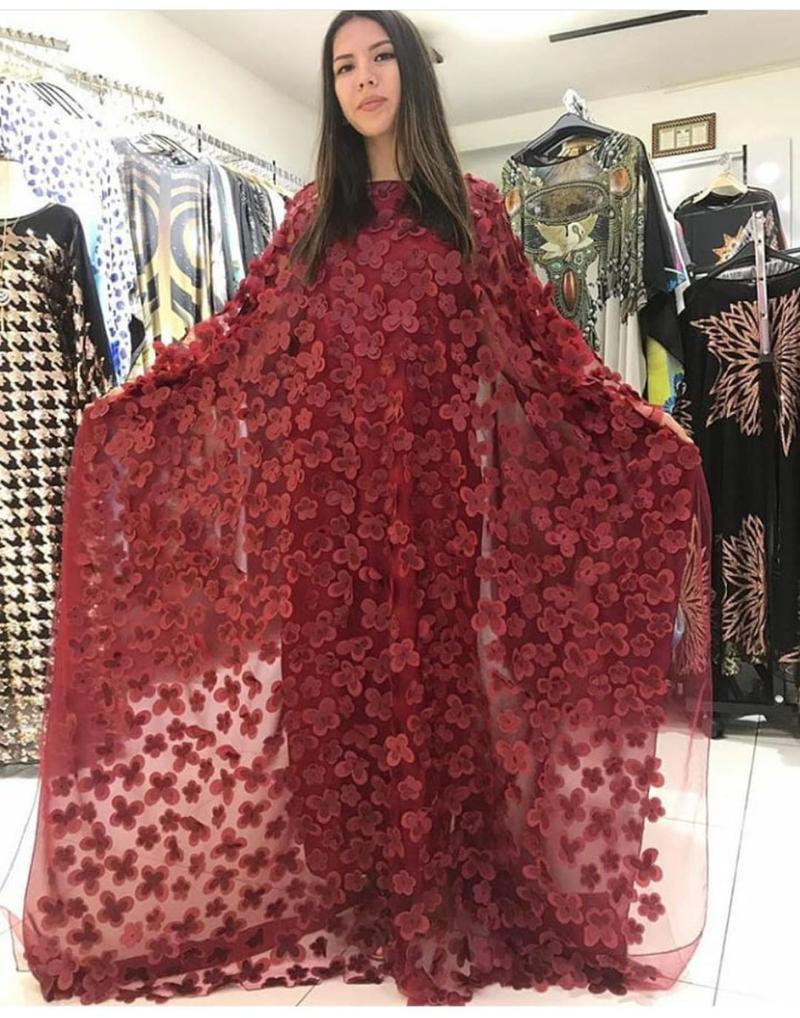 Casual Dresses Tsxt 2022 African Style Women Solid Lace Embroidery Flower Mesh O-Neck Batwing Sleeve Loose Plus Size Robe Vest Long Dress