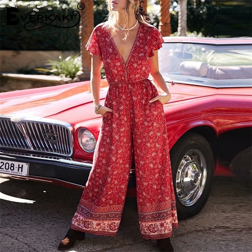 Everkaki Boho Floral Print Rompers Jumpsuits Women Spring Adjustable Sashes Buttons Ladies Jumpsuits Rompers Female Summer T200509