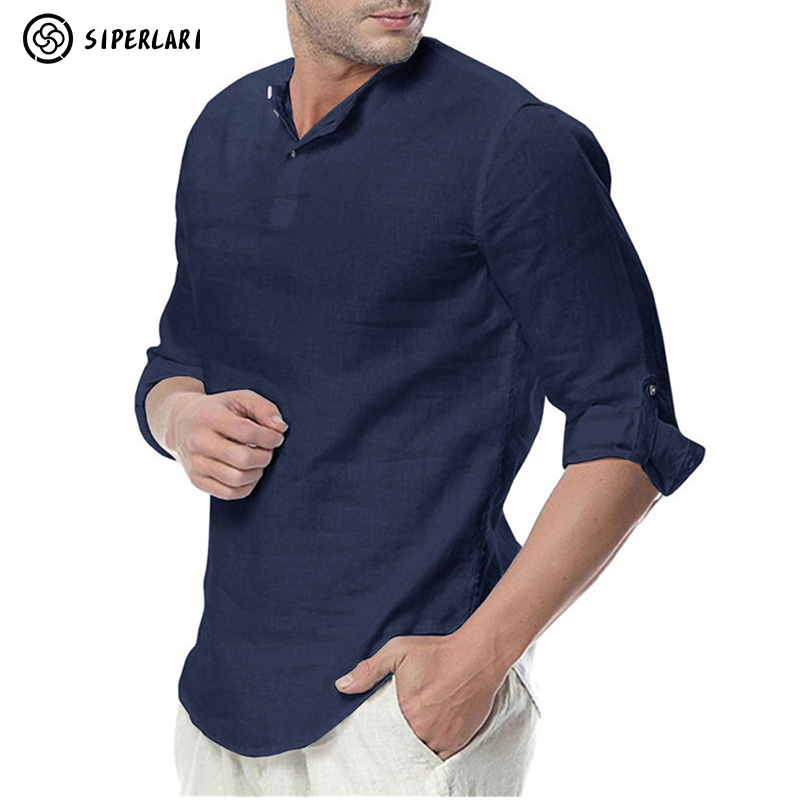Men's Casual Blouse Cotton Linen Shirt Loose Tops Long Sleeve Tee Spring Autumn Summer Handsome Men 220322